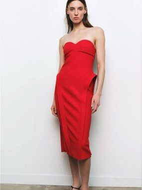 Zara Strapless Red Midi Dress with Sweetheart Neckline